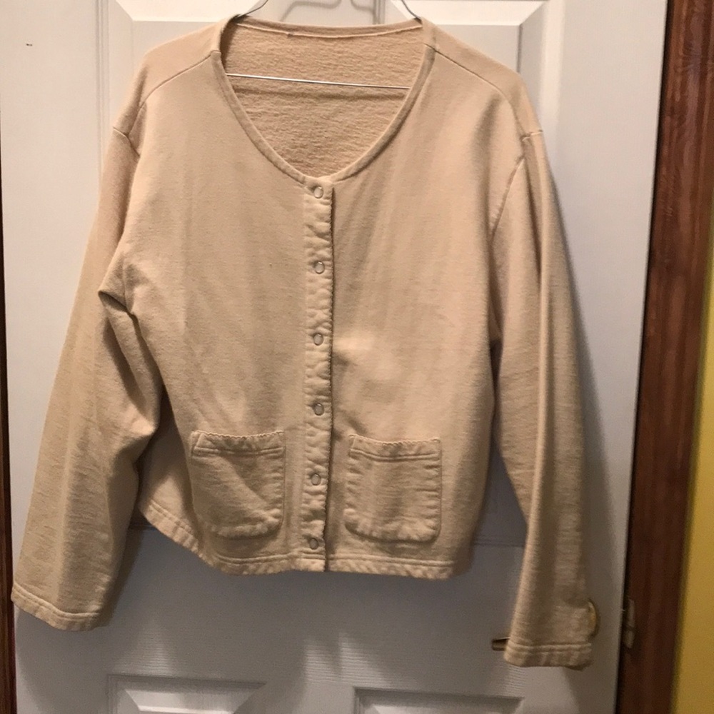 Tan L jacket or can be worn as a top buttoned up.
